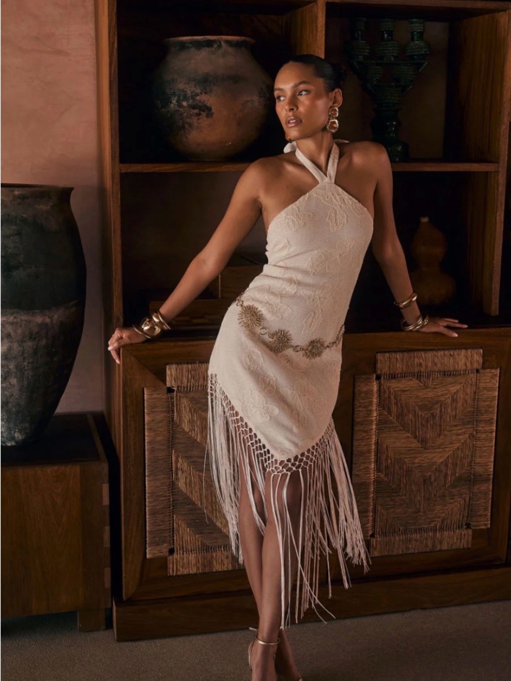 12th Tribe Cream One-Shoulder Fringe Midi Dress
